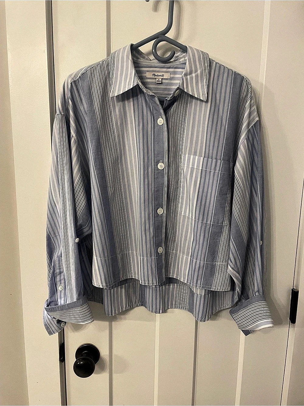 Madewell Straight Hem Oversized Button-Up Shirt in blue and white stripe.